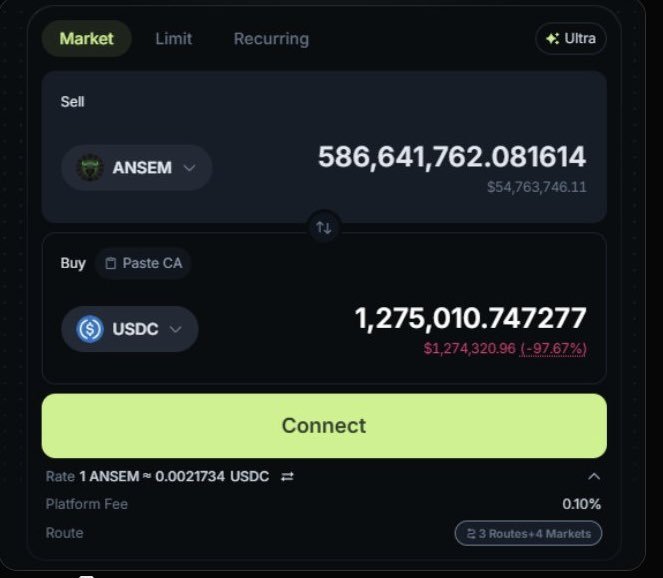 A screenshot of a cryptocurrency swap interface showing a "Market" order to sell 586,641,762.081614 $ANSEM tokens (worth ~$54.76M) for 1,275,010.747277 USDC at a rate of 1 ANSEM ≈ 0.0021734 USDC, illustrating the massive sell pressure likely behind the promised airdrop mentioned in the tweet.
