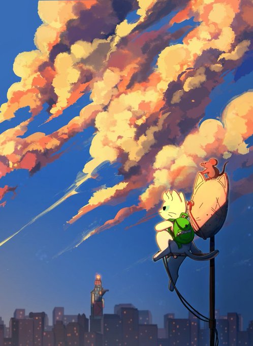 An anime-style illustration of a white rabbit with a green bag sitting on a street lamp, watching vibrant orange and yellow clouds over a city skyline at sunset.
