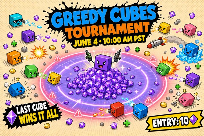 The image features a poster for a Greedy Cubes tournament, which takes place at 10:30 AM on June 4th. The poster showcases an exciting game called "Greedy Cubes", where players must strategically collect as many purple cubes as possible while avoiding the red ones. There are multiple colorful cubes scattered throughout the scene, and a small blue cube is also present in the center of the image. The tournament entry fee is 10 crystals, and there's a special offer for an additional 10 crystals if you enter the game.