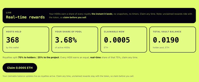 A yellow dashboard displaying 'Real-time rewards' for HOOTs, showing metrics: 368 HOOTs HELD, 3.68% share of pool, 0.0005 ETH claimable now, and 0.0190 ETH total vault balance, with a 'Claim 0.0005 ETH' button.