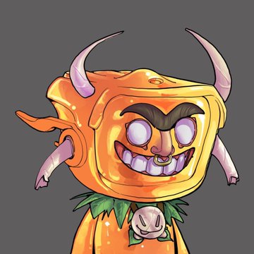 A cartoon illustration of a menacing orange cheese character with purple horns, glowing eyes, and a wide toothy grin, wearing a leafy necklace with a skull pendant.