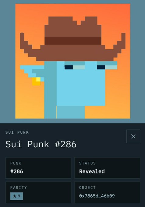 A digital interface displaying 'SUI PUNK' with a pixel-art blue character wearing a cowboy hat, labeled 'Sui Punk #286', 'Revealed', 'Rarity ★7', and object ID '0x7865d...46b09'.