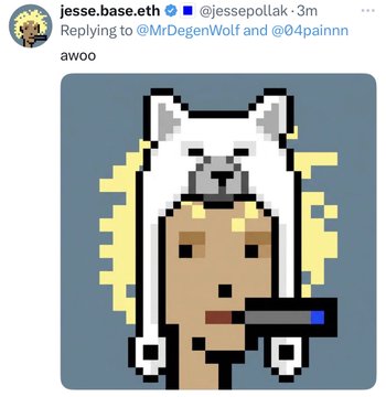 The image shows a pixel-art character, known as the "smoking Wojak" or "doomer" meme, wearing a white wolf/animal hat while smoking a cigarette, with the caption "awoo" above it. Posted by jesse.base.eth (@jessepollak) in reply to discussions about Base leadership, the image humorously conveys a sense of weary, awkward acknowledgment—visually representing the sarcastic, exhausted reaction to corporate crypto figureheads preaching free-market ideology while simultaneously promoting memecoins.