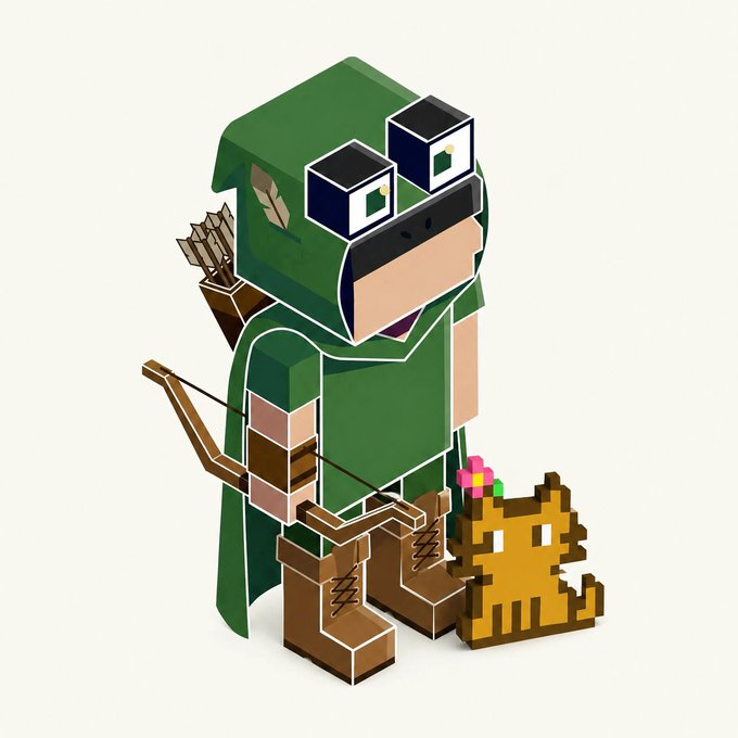 A blocky, voxel-style character in green hooded robes equipped with binoculars and a bow, accompanied by a pixelated brown cat with a pink flower.