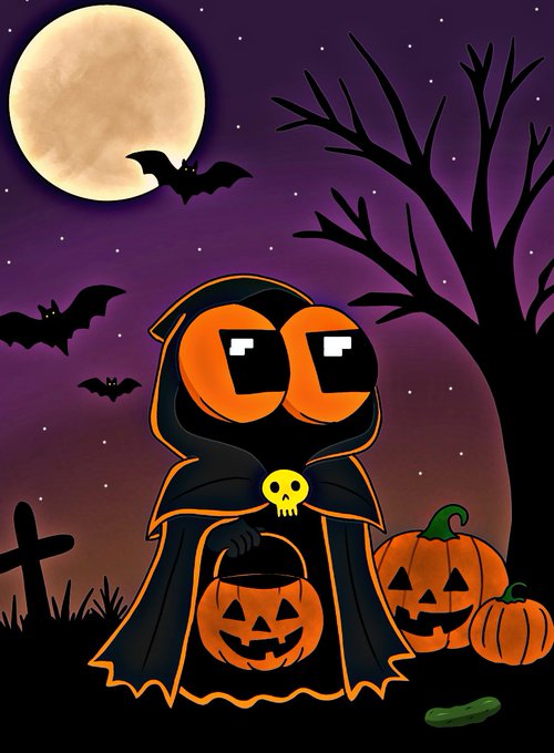 A Halloween-themed illustration of an orange, cloaked creature with large black eyes holding a jack-o'-lantern candy bucket, surrounded by bats, pumpkins, and a full moon.