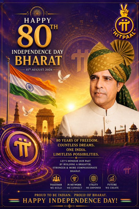 A vibrant graphic celebrating 'Happy 80th Independence Day Bharat' on 15th August 2026, featuring an Indian flag, iconic monuments, and the Pi Network (HitPaal) logo, with text including '80 Years of Freedom, Countless Dreams, One India' and 'Proud to be Indian. Proud of Bharat.'