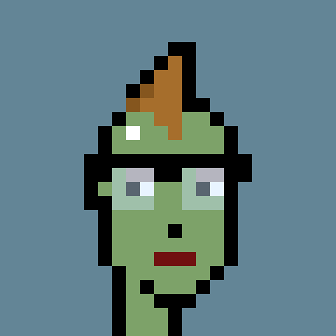 A pixel art illustration of a green zombie-like character with brown hair and a small beard on a blue background.