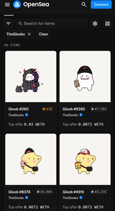 OpenSea NFT marketplace showing 56 items from TheGloobs collection, featuring cartoon character NFTs including Gloob #260, #9385, #8378, and #4519 with various WETH price offers.
