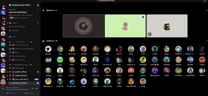 The image shows a Discord server interface for "Navigating Web3 | NW3," displaying 3 active speakers (including one with a mint green background) and a large audience of approximately 61 members with usernames like "Record","Darksyde," and "Spectator." The interface features channels categorized under Web3 guides, announcements, Critical Links, raffle winners, and AMA Events, which connects to the post about an AMA session happening with @_mintdash.
