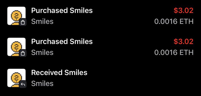 A transaction history shows two "Purchased Smiles" entries at $3.02 (0.0016 ETH each) and one "Received Smiles" entry, supporting the user's complaint that they paid for two NFTs but only received one from OpenSea/ComplexNFTs.