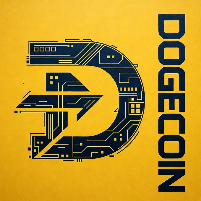 A yellow and black graphic featuring a stylized 'D' filled with circuit board patterns and the text 'DOGECOIN' displayed vertically on the right side.