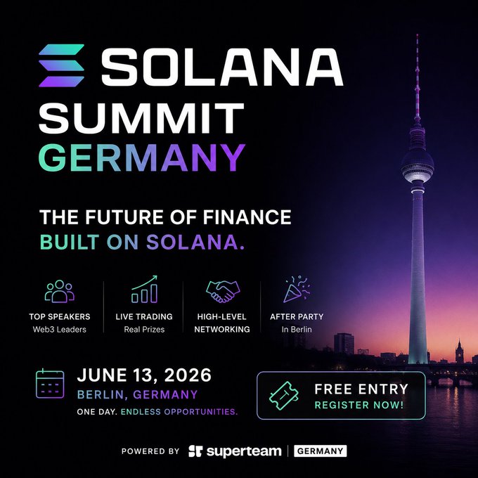 The image features a poster for Solana Summit Germany that takes place on June 13, with a focus on tokenization, stablecoins, AI, and the future of finance on blockchain. The poster includes a photo of the Berlin skyline at sunset, which serves as an eye-catching backdrop to the event details. The text on the poster highlights the main topics for discussion during the summit, such as tokenization, stablecoins, and Web3.