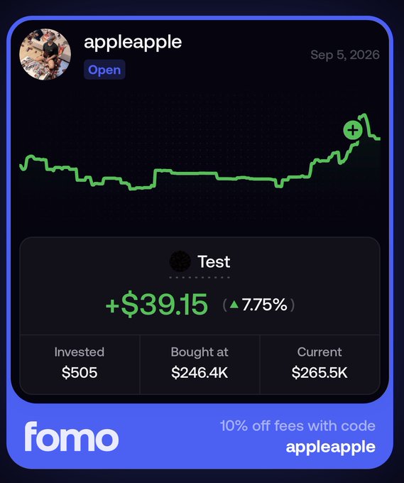 A Fomo app trading card for user "appleapple" dated Sep 5, 2026, showing a position in the "Test" token with a +$39.15 gain (+7.75%), an investment of $505 at a bought-at valuation of $246.4K and current valuation of $265.5K, accompanied by a promo offering "10% off fees with code appleaapple."

The image reflects the post's promotional endorsement of the $TEST token (0xf4eaec43e22251547fbd2cb2f153e041c3aa4ea6), the first token deployed on PONS, by showcasing a real example of a profitable trade in $TEST — with the poster's affiliate code "appleaapple" displayed to capture sign-ups.