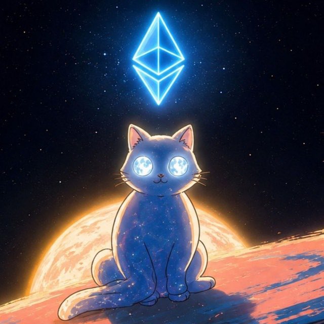 A celestial moon cat with starry eyes sits atop a cosmic planet beneath a glowing Ethereum logo, perfectly matching the post's promotion of "$moon" and the "mooncatrbh" token by depicting a mystical cat in a space-themed setting.