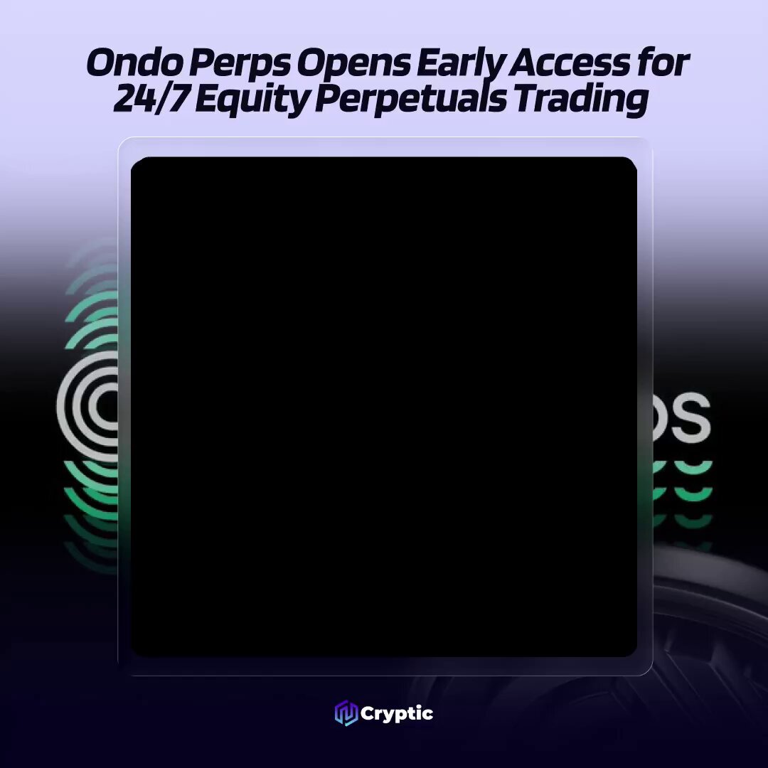 The image features a square frame with a black background that has white text written on it. The text reads "LATEST: @OndoFinance is rolling out early access to Ondo Perps, enabling 24/7 perpetual futures trading on U.S. stocks and ETFs using tokenized collateral." This information is related to the post about Ondo Perps opening up early access for 24/7 equity perpetuals trading.
