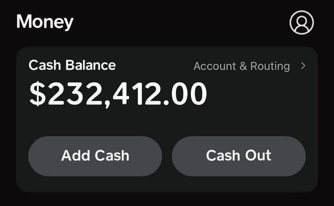 A dark-themed digital money app interface shows a 'Cash Balance' of '$232,412.00' with buttons for 'Add Cash' and 'Cash Out'.
