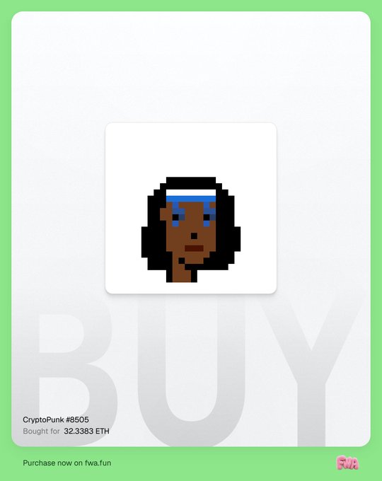A digital collectible card for CryptoPunk #8505 with 'BUY' text, noting it was 'Bought for 32.3383 ETH' and 'Purchase now on fwa.fun'.