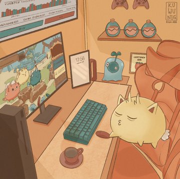 A cartoon illustration of a cat sitting at a desk in a gaming setup, with a monitor showing the game 'Webkinz' and another creature on the screen, with a keyboard and coffee cup nearby.