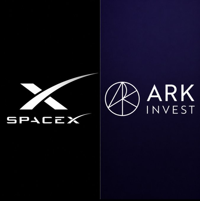 The image features two logos side by side against each other. The top logo is for "Ark Invest" with a white circle containing an arrow pointing downwards, while the bottom logo is for "Spacex" with a white X shape. Both logos are in black and white colors. The text on the logos reads "X Ark Invest", which suggests that these two companies might be related or collaborating in some way. Additionally, there's a caption below the image stating "If Ark Invest comes out with a 5yr SPCX price target, I believe it will be over $1000 per share". This implies that the company "Spacex" is interested in investing in the stock of "Ark Invest", and they are both aiming for high returns on their investment.