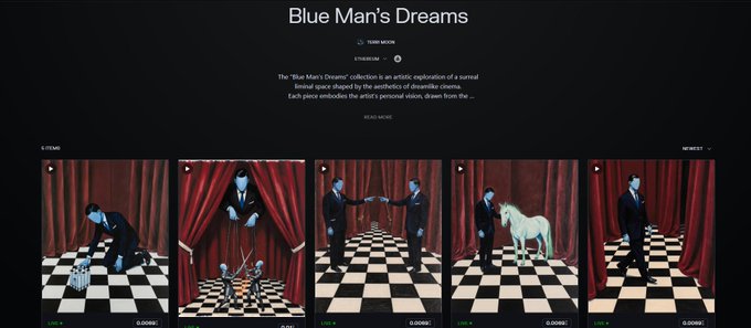 A dark-themed NFT marketplace listing page titled "Blue Man's Dreams" by TEDNI MATCH featuring an artistic collection with 5 items displayed, including one named "Watch" and another "Artmaster", each priced at 0.00892 ETH.