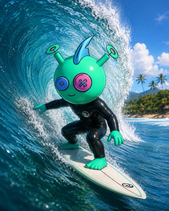 A 3D-rendered cartoon character with a green alien-like head, button eyes, and a shark fin surfing a large wave on a surfboard in a tropical setting with palm trees.
