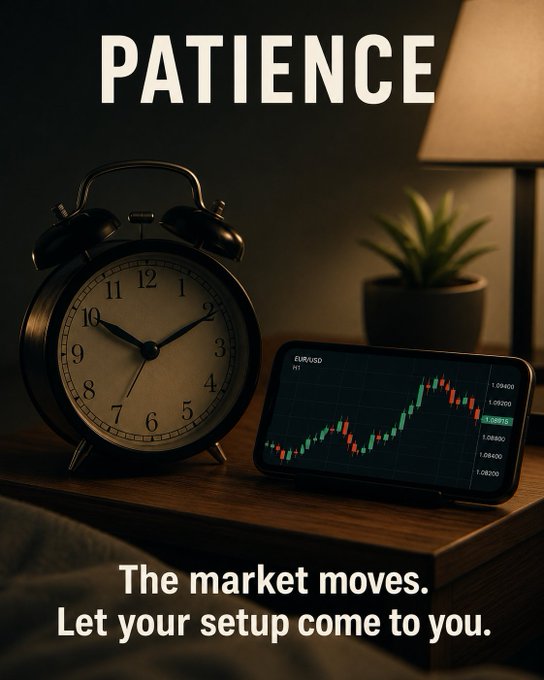A motivational graphic titled 'PATIENCE' showing an analog alarm clock beside a smartphone displaying an EUR/USD candlestick chart, with text 'The market moves. Let your setup come to you.'