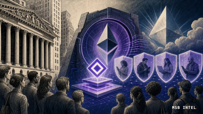 An illustrated crypto-themed artwork showing crowds of people facing a glowing Ethereum logo, with a stock exchange building on the left, an ETF logo, and a pyramid structure in the background; signed 'MSB INTEL' in the bottom right.
