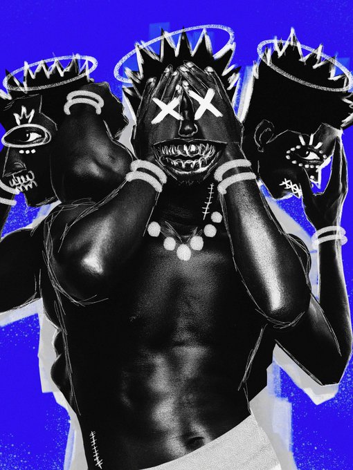Stylized black-and-white digital artwork of a shirtless figure with multiple arms, adorned with pearls and stitch marks, against a vivid blue background, surrounded by monstrous face illustrations.