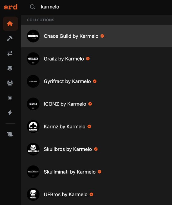 This image displays a digital catalog of various art collections by "Karmelo," such as "Chaos Guild," "Grailz," and "Skullbros," all marked with orange verification badges. The screenshot illustrates the "open catalog" mentioned in the post, showcasing the pre-inscribed collections available for new collectors.
