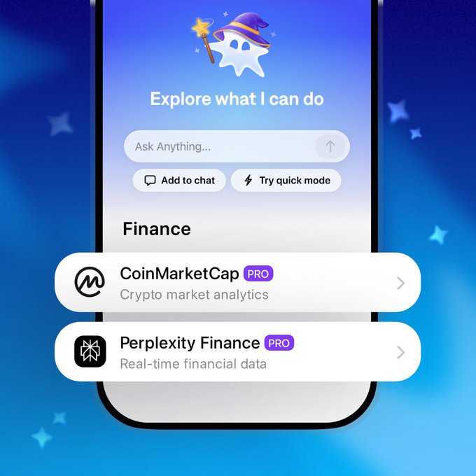 A mobile app interface showing 'Explore what I can do' with options for CoinMarketCap PRO (Crypto market analytics) and Perplexity Finance PRO (Real-time financial data).