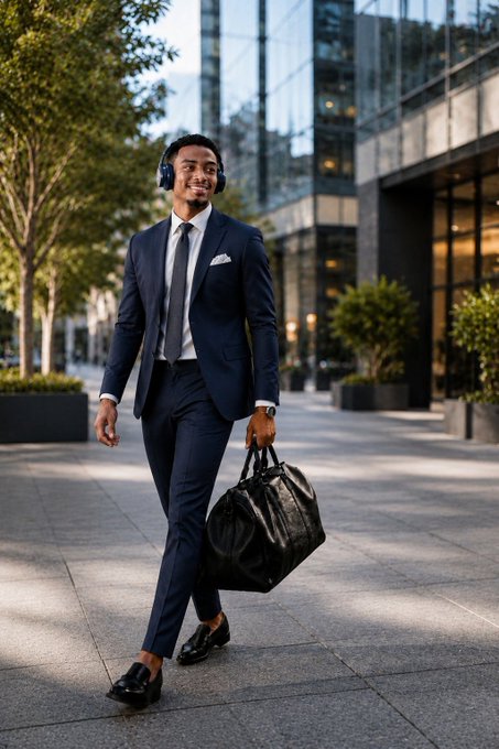 A well-dressed man in a navy blue suit walks confidently through a modern city plaza, wearing headphones and carrying a black leather duffel bag.