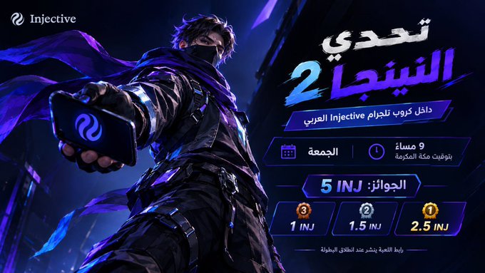A promotional poster for 'Injective' featuring a ninja-like character holding a phone, with Arabic text 'تحدي النينجا 2' (Ninja Challenge 2), dated 9 مساء الجمعة (Friday 9 PM), offering prizes of 5 INJ, 2.5 INJ, 1.5 INJ, and 1 INJ.
