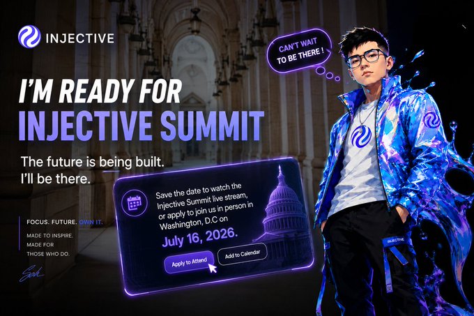 A promotional graphic for the Injective Summit on July 16, 2026 in Washington D.C, featuring a person in a galaxy-print jacket with a speech bubble saying 'CAN'T WAIT TO BE THERE!'.