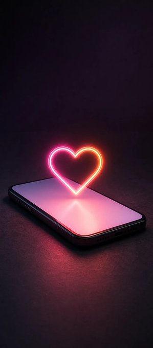 A smartphone lies face-up on a dark surface with a glowing neon pink heart floating above its screen.