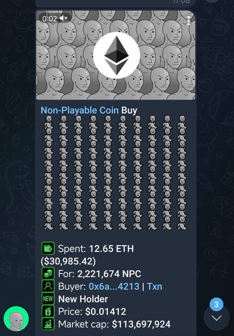 A screenshot of a "Non-Playable Coin Buy" notification showing a large purchase of 2,221,674 NPC tokens for 12.65 ETH ($30,985.42) at a price of $0.01412, with a market cap of $113,697,924. The transaction details are displayed over a repeating NPC face pattern background with the Ethereum logo at the top, confirming the significant buy highlighted in the post.