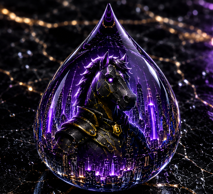 A digital artwork depicts a dark, armored horse head contained within a glowing purple liquid droplet, set against a dark marble background illuminated by a purple cityscape.