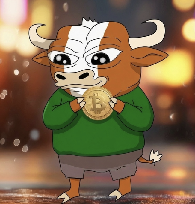 A cartoon bull character clutches a Bitcoin coin with the recognizable "₿" symbol, wearing a green shirt against a blurred bokeh background. The image visually complements the post's bullish sentiment about Bitcoin potentially reaching $67k, using the "bull" mascot as a crypto market optimist.