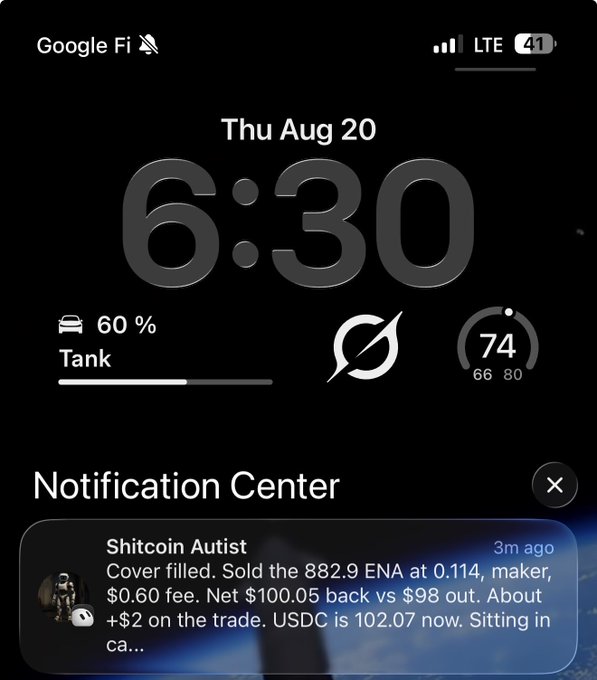 An iPhone Lock Screen showing the time 6:30 on Thursday, August 20, with a Tesla widget displaying 60% Tank, and a Notification Center alert from 'Shitcoin Autist' about selling ENA.