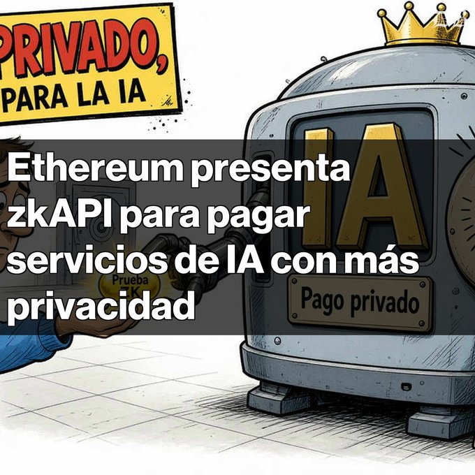 A comic-style graphic about Ethereum's zkAPI for private payments, with Spanish text 'PRIVADO, PARA LA IA' and 'Ethereum presenta zkAPI para pagar servicios de IA con más privacidad'.
