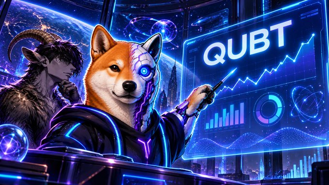 A vibrant digital artwork featuring a cybernetic Shiba Inu dog pointing at a holographic screen displaying 'QUBT' with rising charts, with a horned figure and Earth visible in the cosmic background.