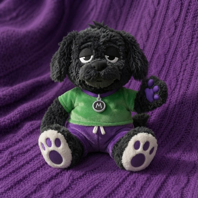 A plush black dog toy with a sleepy expression sits on a purple knit blanket, wearing a green shirt, purple shorts, and a silver tag engraved with the letter "M," while waving one paw that features a purple paw print.