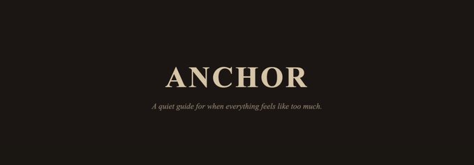 A minimalist banner on a black background displays "ANCHOR" in large gold serif lettering, with the tagline "A quiet guide for when everything feels like too much." beneath it, reinforcing the post's description of $ANCHOR as a serene, no-frills self-care resource for those feeling overwhelmed.
