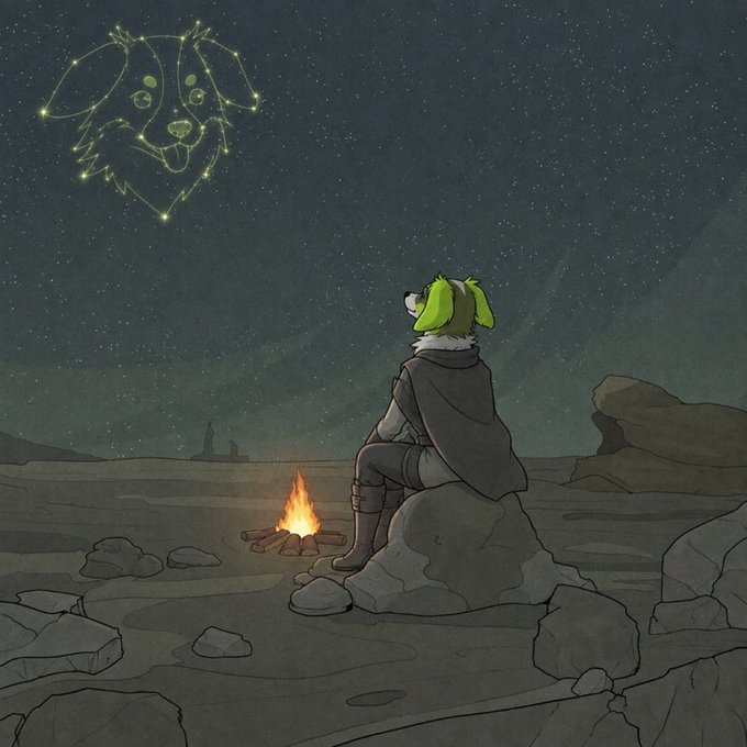 A digital illustration showing a green-haired character wrapped in a brown cloak sitting by a campfire at night, looking up at a constellation of a dog's face formed by stars in the sky.