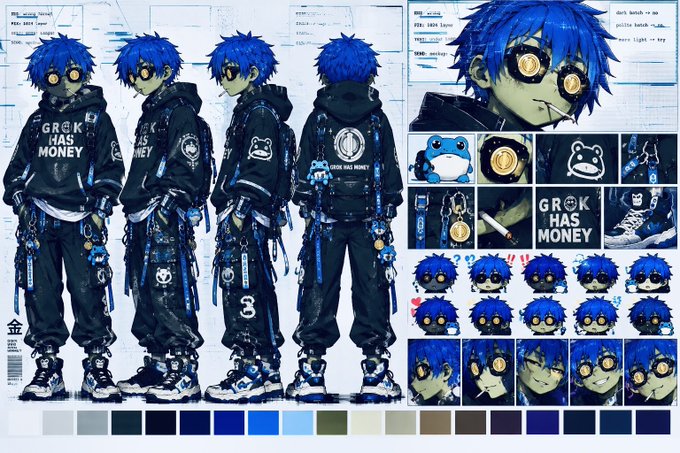 A character design sheet for a blue-haired anime-style boy with glowing yellow eyes, wearing a black hoodie that says 'GR@K HAS MONEY,' with multiple expressions, poses, and a color palette below.