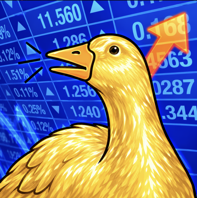 An illustrated golden duck with an open beak appears against a blue stock market background showing numbers like '11.560', '1.286', and an upward arrow.