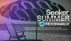 The image shows two beach chairs on sand under a large umbrella, overlaid with "Seeker SUMMER MOONWALK" text and small bullet points about challenges and rewards, promoting the Solana Mobile Moonwalk fitness campaign featured in the post.