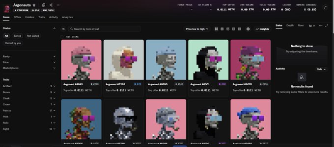 Screenshot of a marketplace interface called 'Argonauts' displaying a grid of pixel-art NFT character avatars with names and prices like 'Argonaut #0243' and 'Argonaut #0293'.