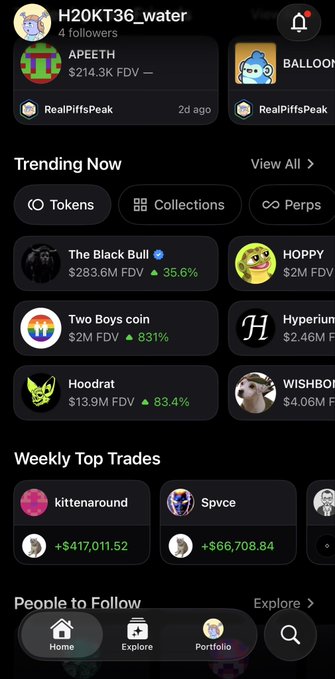 A screenshot of the OpenSea mobile app showing trending tokens and NFTs including "APEETH" at $214.3K FDV and top gainers like "Hoodrat" up 83.4%, paired with the user's praise for OpenSea's clean UI and concise information layout.