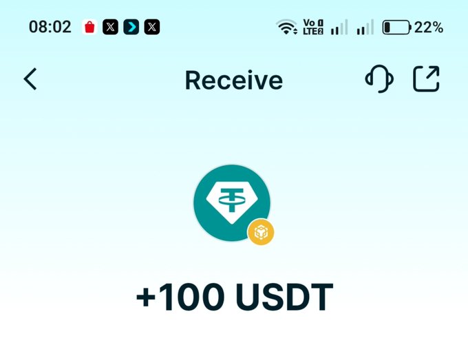 A screenshot of a mobile crypto wallet app showing a successful receipt of +100 USDT (Tether) on the TRC-20 network, confirming the user's claim of winning a prize from the giveaway by @CryptBrice sponsored by #legitkerem.