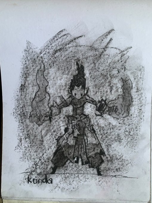 A charcoal/pencil sketch on white paper depicting an anime-style warrior character with a flaming aura, labeled 'Ronda' in the bottom left corner.
